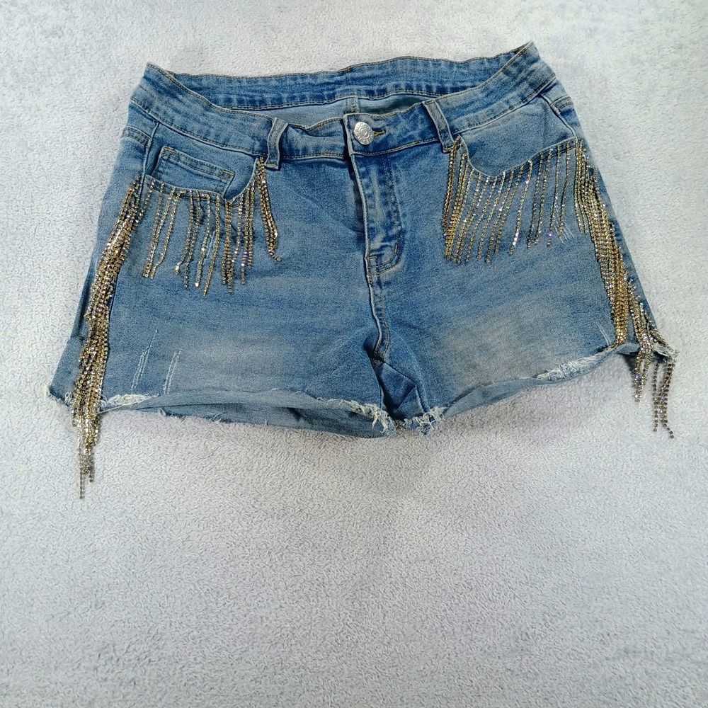 Vocal Womens Denim Shorts Blue M Rhinestone Fringe High Waisted Distressed